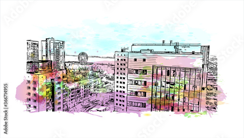 Building view with landmark of Volgograd, formerly Stalingrad, is a city in southwest Russia. Watercor splash with  hand drawn sketch illustration in vector. photo