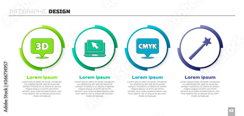 Set Speech bubble with text 3D, Laptop and cursor, Speech bubble with text CMYK and Magic wand. Business infographic template. Vector.