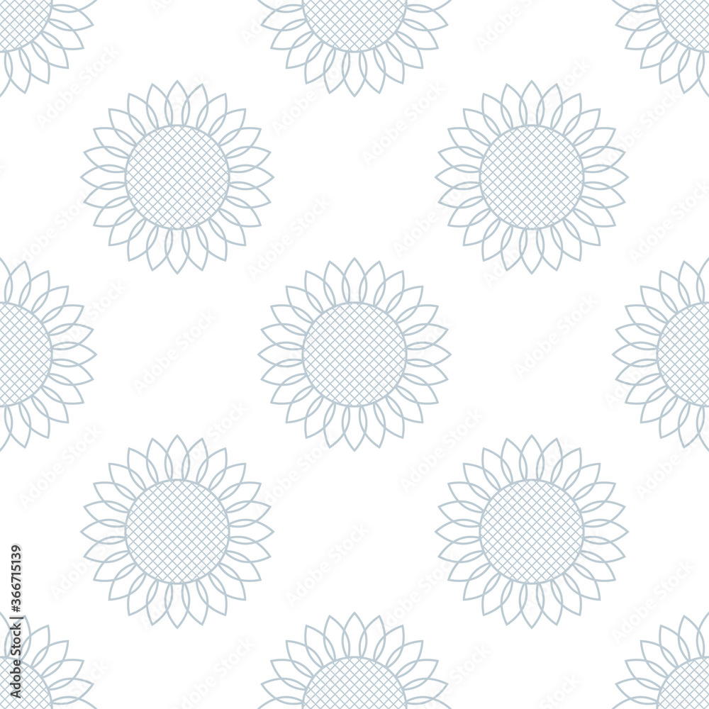 Sunflowers. Vector seamless pattern. Simple modern style. Gray elements on a white background. For backdrops decoration, banners, packings, textiles, paper, fabrics, and more creatives designs. Sunflowers. Vector seamless pattern. Simple modern style. Gray elements on a white background. For backdrops decoration, banners, packings, textiles, paper, fabrics, and more creatives designs.