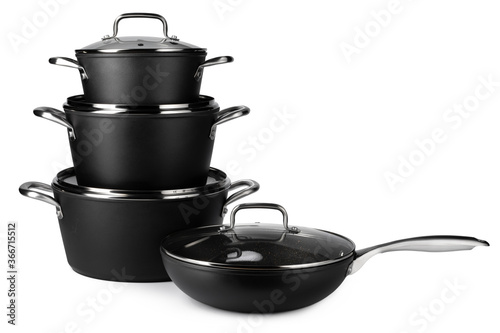 New set of black cookware isolated on white