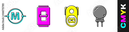 Set Electric circuit scheme, Electric light switch, Electrical outlet and Light emitting diode icon. Vector.