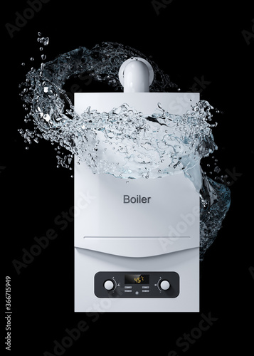 Wall mounted gas boiler combi and water flow around isolated on black background photo