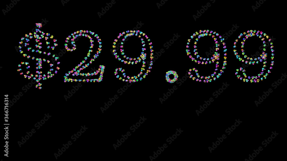 Colorful 3D writing of $29. text with small objects over a dark background and matching shadow