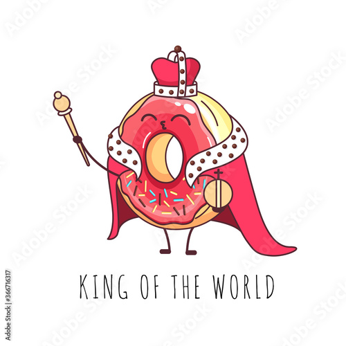Kawaii funny donut king. Sweet fast food vector illustration. Graphic print sign