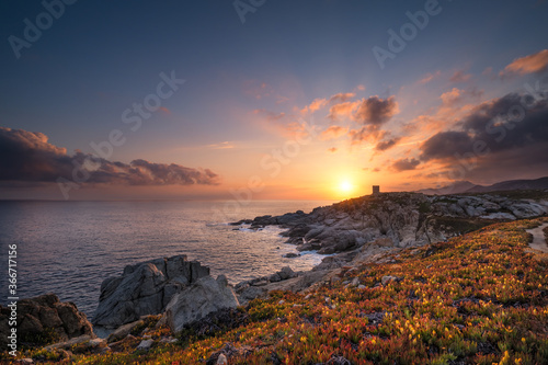 Sun rising behind genoese tower in Corsica