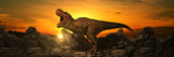 Dinosaurs on rock mountain at sunset. 3d rendering