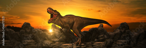 Dinosaurs on rock mountain at sunset. 3d rendering photo