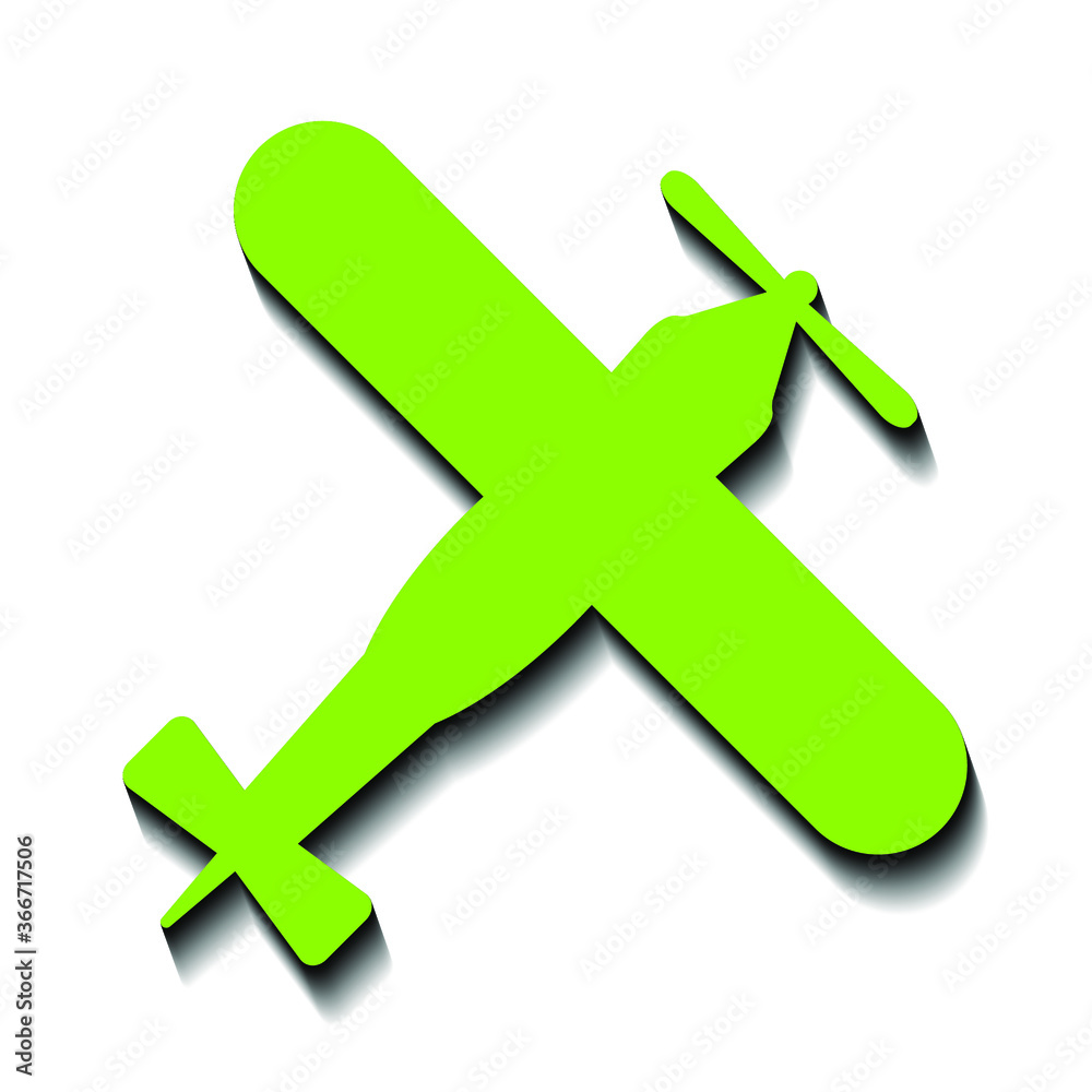 Fototapeta premium Green old airplane and black shadow on a white background, sign for design, vector illustration