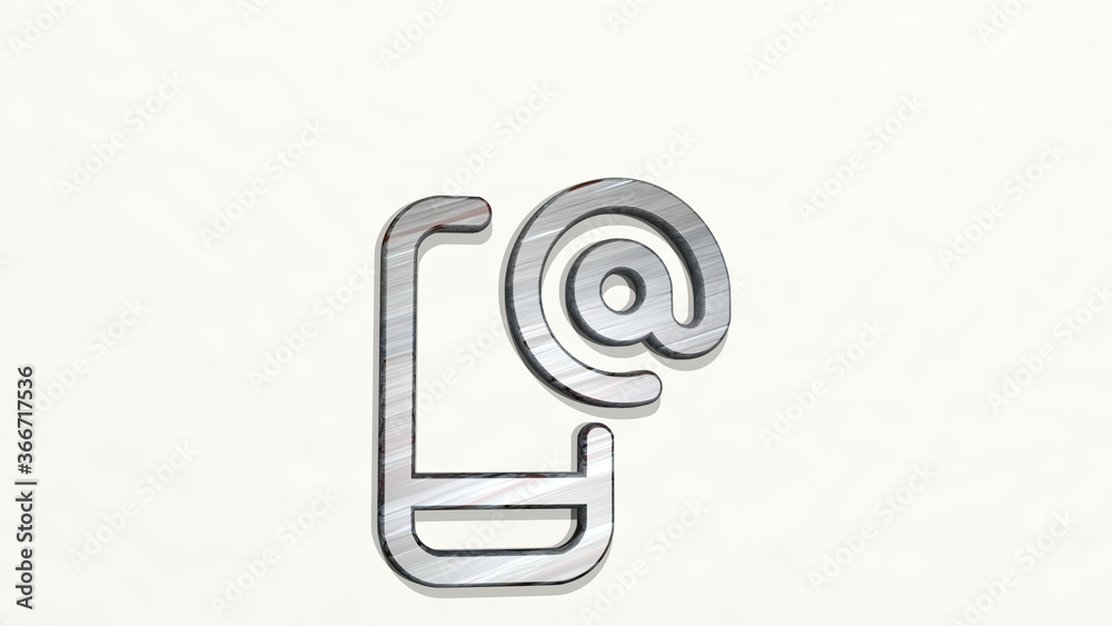 PHONE ACTION AT on the wall. 3D illustration of metallic sculpture over a white background with mild texture. mobile and business PHONE ACTION AT on the wall. 3D illustration of metallic sculpture over a white background with mild texture. mobile and business