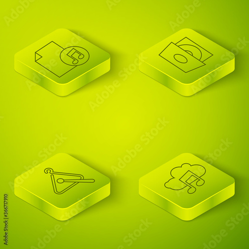 Set Isometric Vinyl player with a vinyl disk, Triangle musical instrument, Music streaming service and Music book with note icon. Vector.
