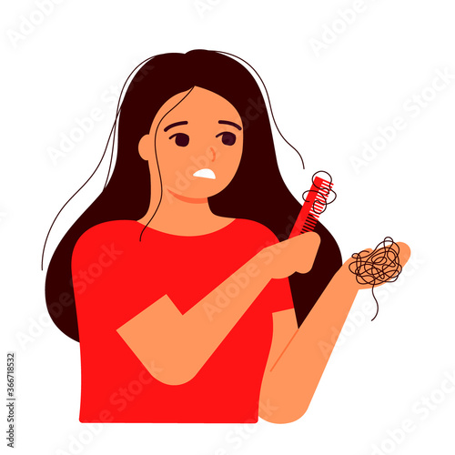 Girl combs her hair, hair on comb, fall. Hair loss, baldness, alopecia concept. Woman s thin hair is associated with problem, stress, hormones, nutrition. Vector illustration