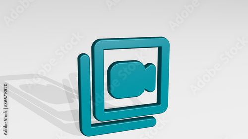 paginate filter camera alternate stand with shadow. 3D illustration of metallic sculpture over a white background with mild texture. abstract and concept