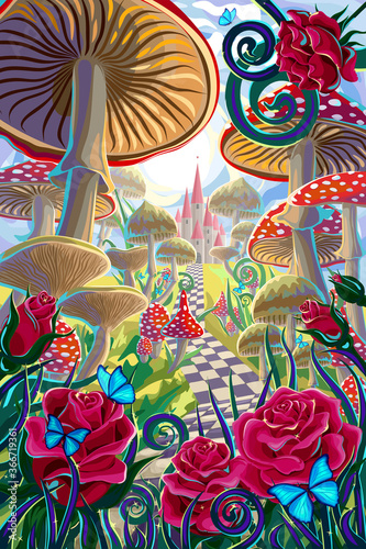 fantastic landscape with mushrooms, beautiful old castle, red roses and butterflies. illustration to the fairy tale "Alice in Wonderland"