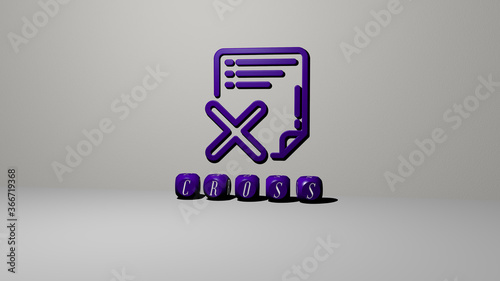 3D graphical image of cross vertically along with text built by metallic cubic letters from the top perspective, excellent for the concept presentation and slideshows. illustration and background photo