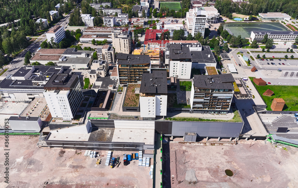 Aerial view of the brand new residential buildings in the Tapiola district of Espoo, Finland.