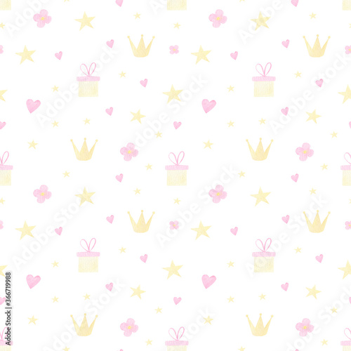 Watercolor seamless pattern with gifts, stars. Seamless background for wrapping paper, covers, textiles. Lovely hand-painted presents, stars, hearts background. 