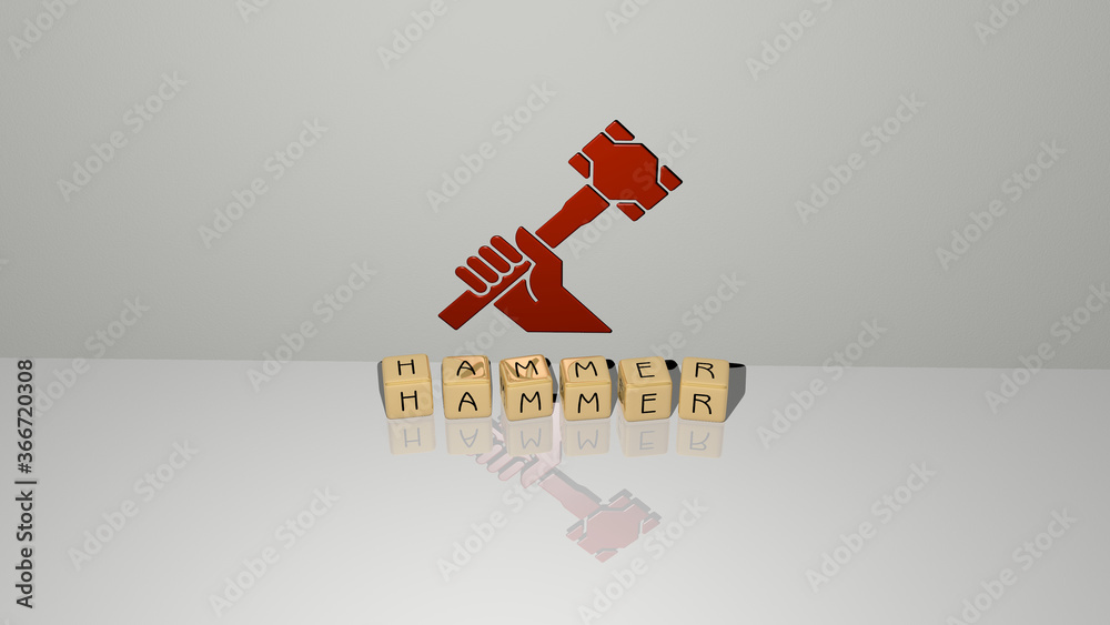 Αυτοκόλλητο 3D representation of HAMMER with icon on the wall and text arranged by metallic cubic letters on a mirror floor for concept meaning and slideshow presentation