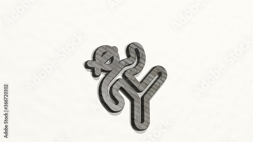 MARTIAL ARTS KARATE made by 3D illustration of a shiny metallic sculpture on a wall with light background. black and fighter © Ali