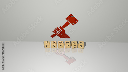 3D representation of HAMMER with icon on the wall and text arranged by metallic cubic letters on a mirror floor for concept meaning and slideshow presentation. illustration and background