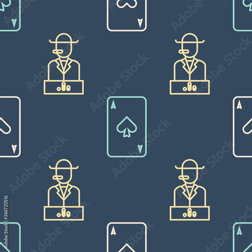 Set line Playing card with heart, Poker player and Playing card with spades on seamless pattern. Vector.