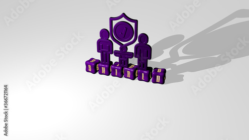3D representation of shield with icon on the wall and text arranged by metallic cubic letters on a mirror floor for concept meaning and slideshow presentation. illustration and design