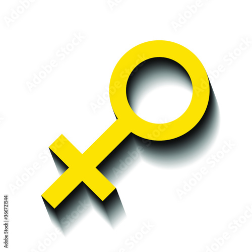 Yellow female symbol on a white background and black shadow, sign for design, vector illustration
