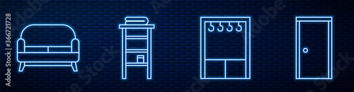 Set line Wardrobe, Sofa, Bathroom rack with shelves for towels and Closed door. Glowing neon icon on brick wall. Vector.