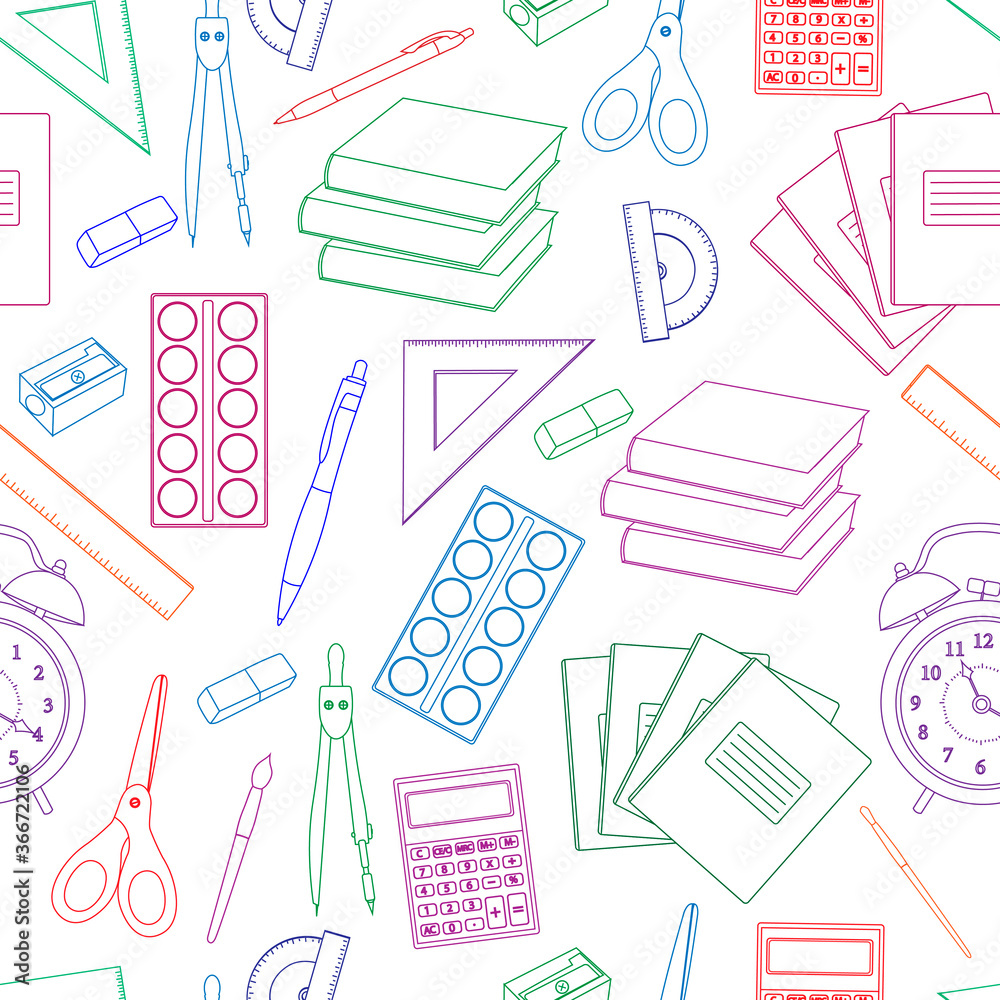 Seamless pattern back to school vector illustration. Stationery draw with pencils notebooks paper planers scissors sharpened calculator books rulers
