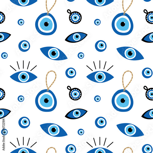 Vector cartoon style seamless pattern background with variety of turkish blue eye-shaped amulets, nazar talismans.
 photo