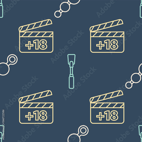 Set line Anal beads, Movie clapper with 18 plus content and Leather whip on seamless pattern. Vector.