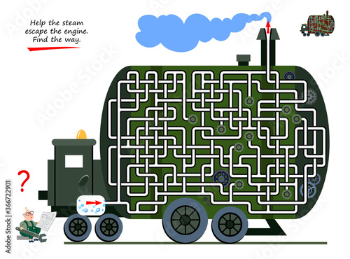 Logic puzzle game with labyrinth for children and adults. Help the steam escape the engine. Find the way. Printable worksheet for kids brain teaser book. IQ test. Online playing. Flat vector.