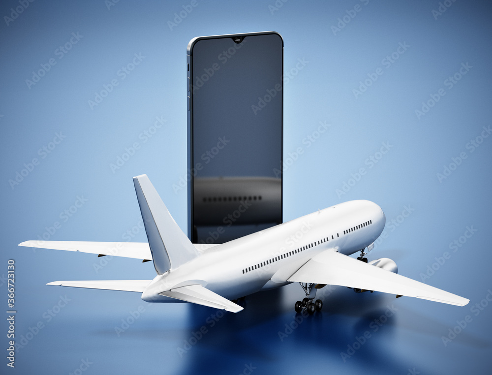 Fototapeta premium Airplane standing near smartphone screen. 3D illustration