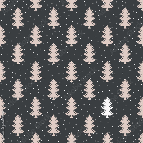 Seamless christmas tree with snow holiday background. Fir sprig spruce monochrome pattern texture. Scandi festive christmas motif background.  Stylish modern seasonal all over print