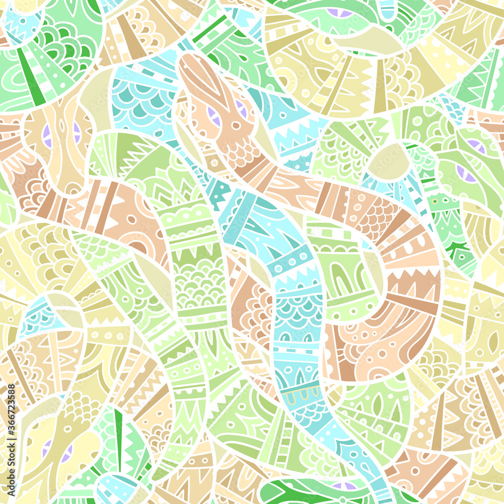 Pastel seamless pattern of snakes with decorative tribal ornament on their skin. Ball of snakes in ethnic style. Pastel seamless pattern of snakes with decorative tribal ornament on their skin. Ball of snakes in ethnic style.