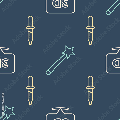 Set line Speech bubble with text 3D, Pipette and Magic wand on seamless pattern. Vector.