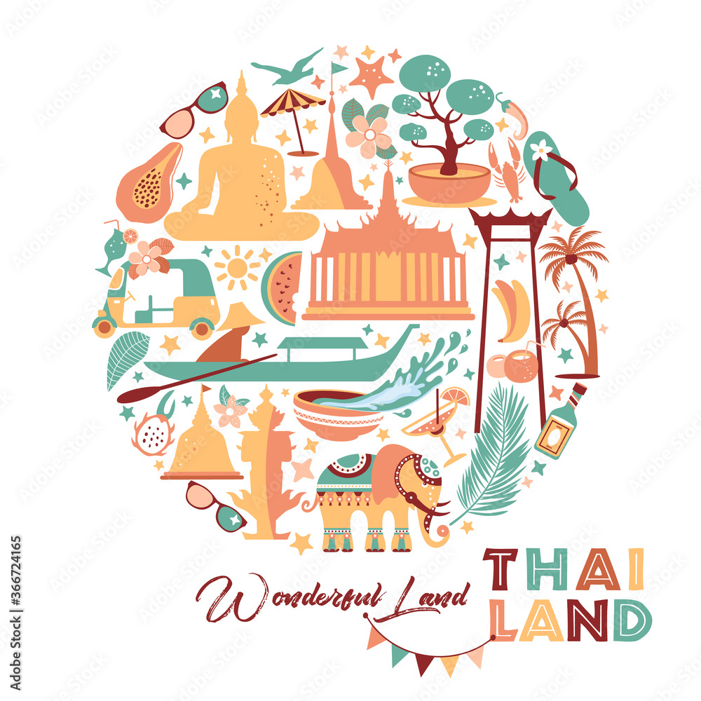 Collection of Thailand symbols in circle. Vector poster. Postcard in trend color. Travel illustration. Web banner of travel in circle composition.