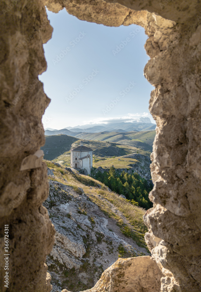 Santo Stefano di Sessanio (Italy) - The ruins of Rocca Calascio, old medieval village with castle and church, 1400 meters above sea level on Apennine mountains, heart of Abruzzo region