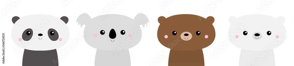 Cute bear set. Panda, koala, grizzly, polar cub. Kawaii cartoon character. Funny head face. Happy Valentines Day. Baby greeting card template. Notebook cover, tshirt. White background. Flat design. Cute bear set. Panda, koala, grizzly, polar cub. Kawaii cartoon character. Funny head face. Happy Valentines Day. Baby greeting card template. Notebook cover, tshirt. White background. Flat design.