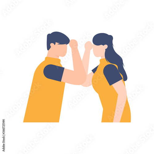 illustration of a man and woman shaking hands using his elbow. the concept of preventing diseases, corona viruses, and bacteria. flat design. can be used for elements, landing pages, UI, website, icon