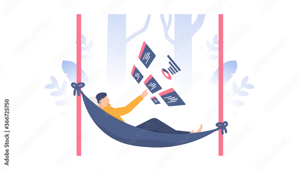 the concept of leisure, vacation, work outside. illustration of a man relaxing on a hanging swing but while working. flat design. can be used for elements, landing pages, UI, website