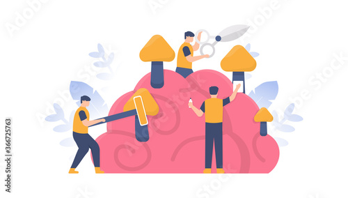 the concept of mind refreshment  brain tumors  memory cleansing. illustration of a team cleansing the brain of fungi. flat design. can be used for elements  landing pages  UI  website