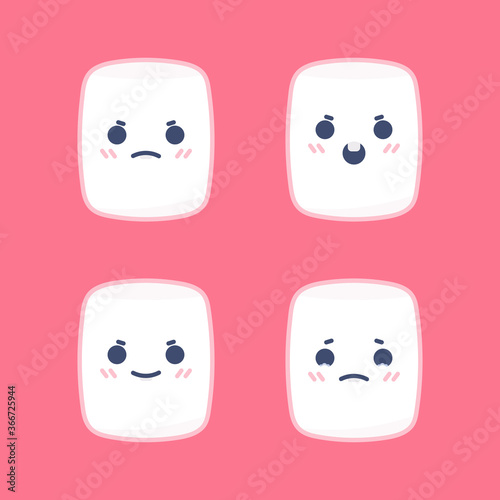 Marsmellow character illustrations with various expressions. expression sad, angry, surprised, happy. flat design. can be used for elements, landing pages, UI, icons, stickers