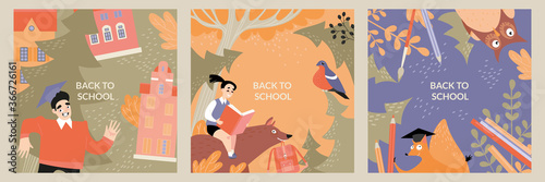 Back to school. Set of vector cards with funny children and animals on an autumn background.