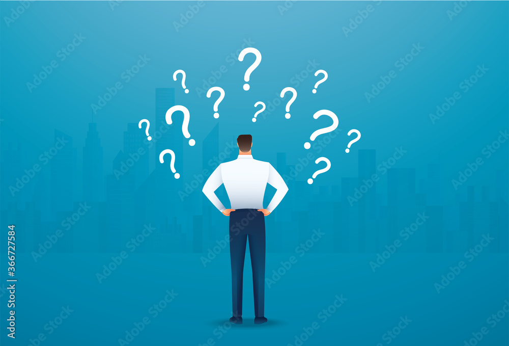 back view of businessman looking at question marks vector illustration back view of businessman looking at question marks vector illustration