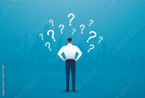 back view of businessman looking at  question marks vector illustration 