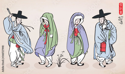 Korean traditional painting - Couples wearing Korean traditional clothes, Hanbok. Hand drawn / Vector illustration. 