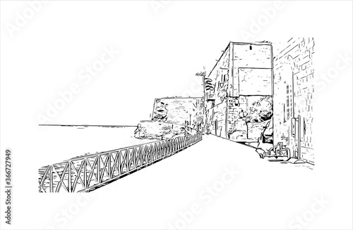 Building view with landmark of Hydra town is the capital and main harbour of the island of Hydra. Hand drawn sketch illustration in vector.