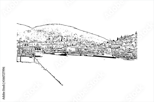 Building view with landmark of Hydra town is the capital and main harbour of the island of Hydra. Hand drawn sketch illustration in vector.