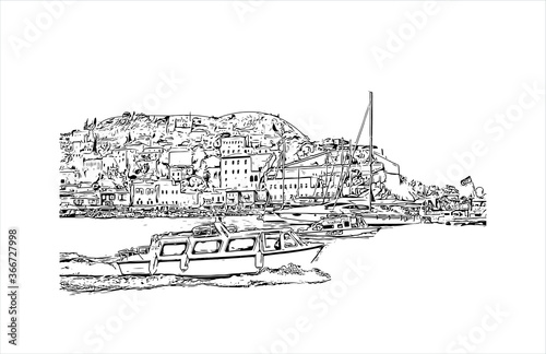 Building view with landmark of Hydra town is the capital and main harbour of the island of Hydra. Hand drawn sketch illustration in vector.