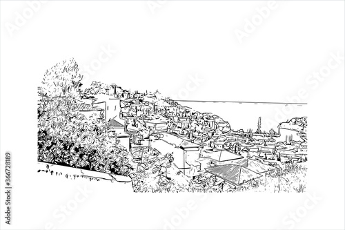 Building view with landmark of Hydra town is the capital and main harbour of the island of Hydra. Hand drawn sketch illustration in vector.